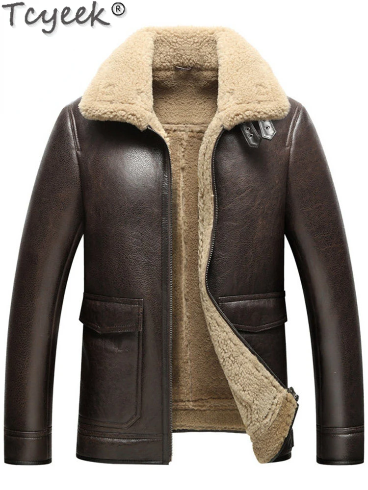 

Tcyeek 100% Genuine Sheepskin Jacket Men Clothing Winter Thickened Lamb Wool Male Coat Fashion Warm Natural Fur Jackets Black