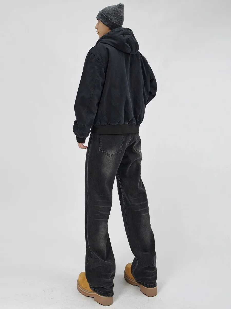 새로운 가을 겨울 워싱 처리된 지퍼 코튼 재킷 후드 남성 헤비웨이트 스트릿 스타일 아우터웨어 청년 캐주얼 따뜻한 긴팔