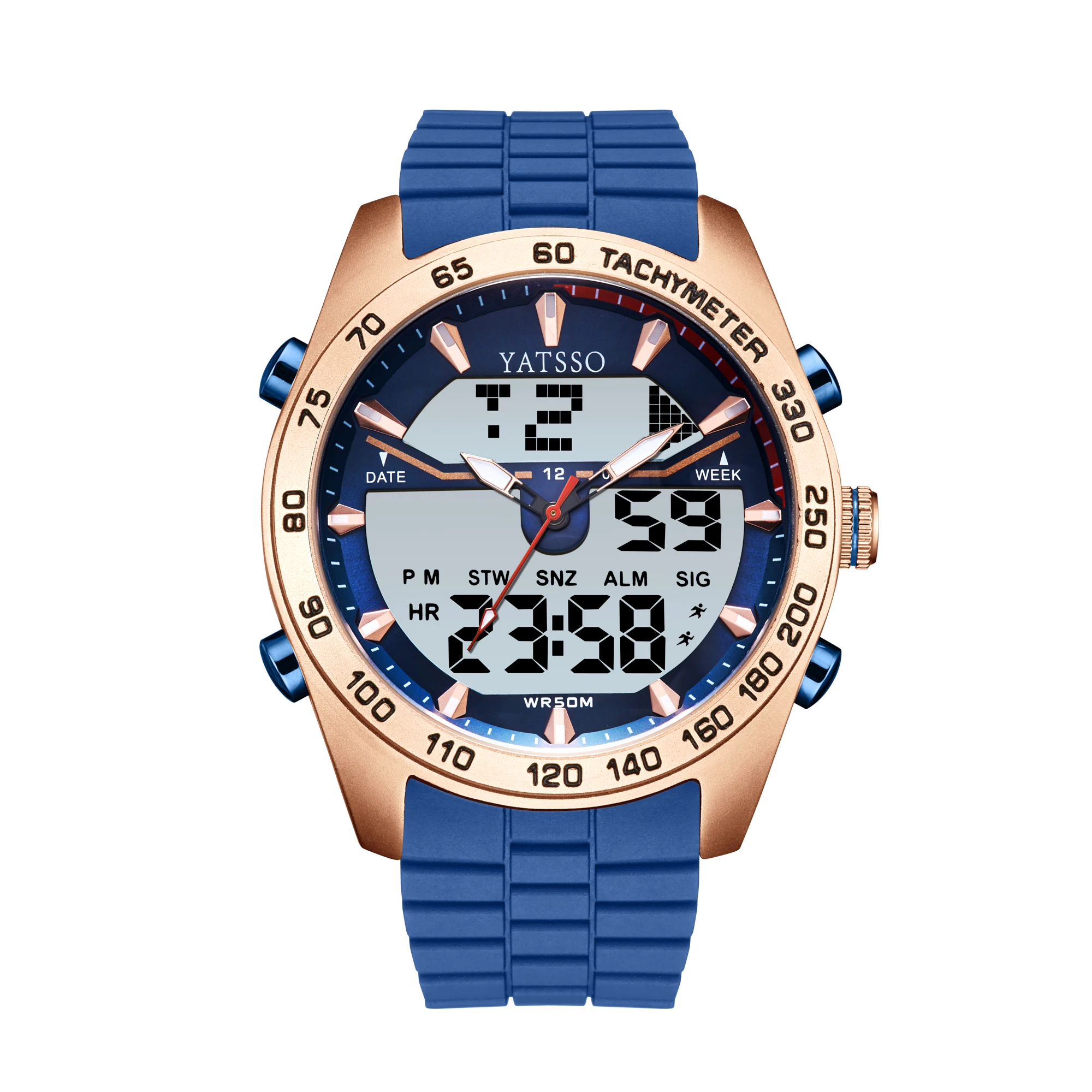 YATSSO men's alloy dual time display quartz watch led light alarm clock waterproof