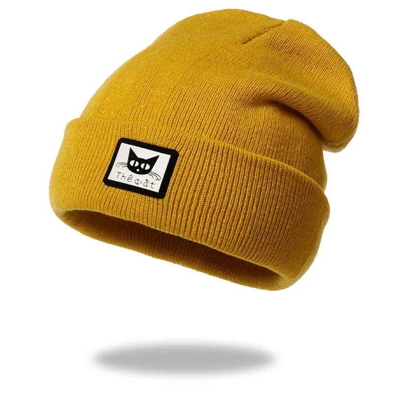 Autumn Winter New Fashion Trendy Knitted Hat for Women Pink Solid Patch Cute Cat Cuffed Beanies Female Ski Hat Girls 3