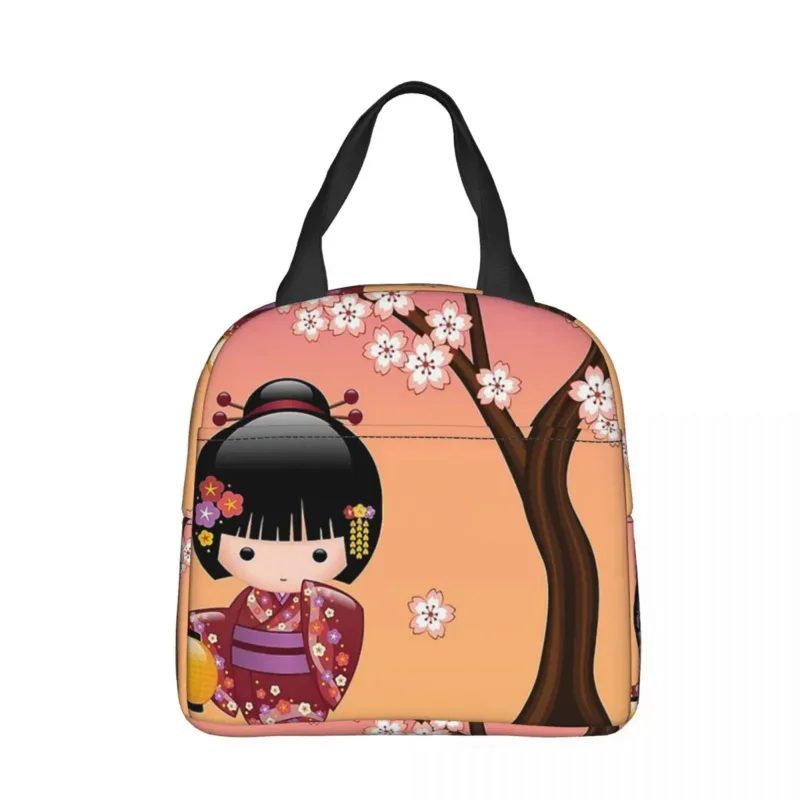 

Japanese Sakura Kokeshi Doll Insulated Lunch Bag Thermal Bag Meal Container Portable Lunch Box Tote Men Women School Travel