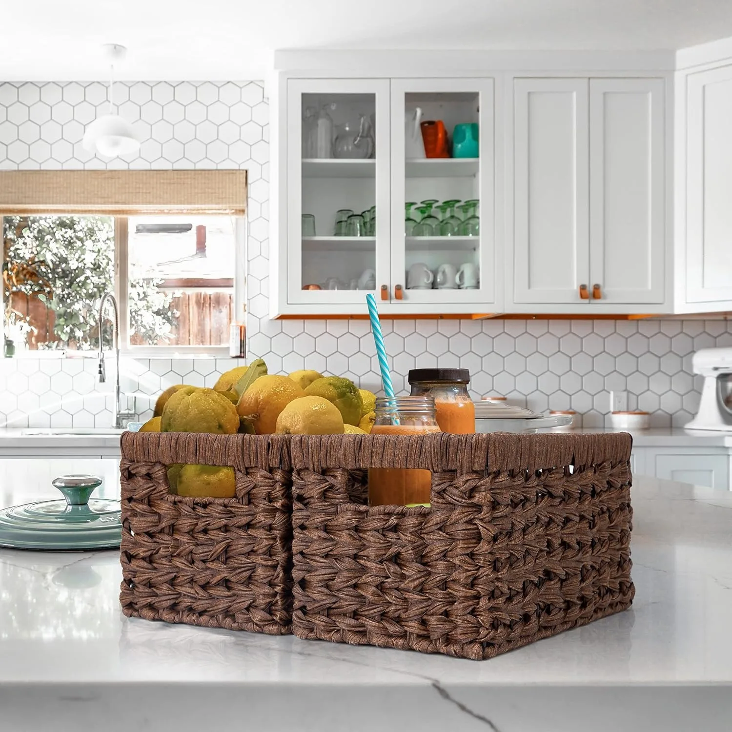 Rectangle Wicker Storage Baskets for Shelves Organizing,Waterproof Woven Storage for Toilet Shelf Baskets,Laundry Room,Brown 5