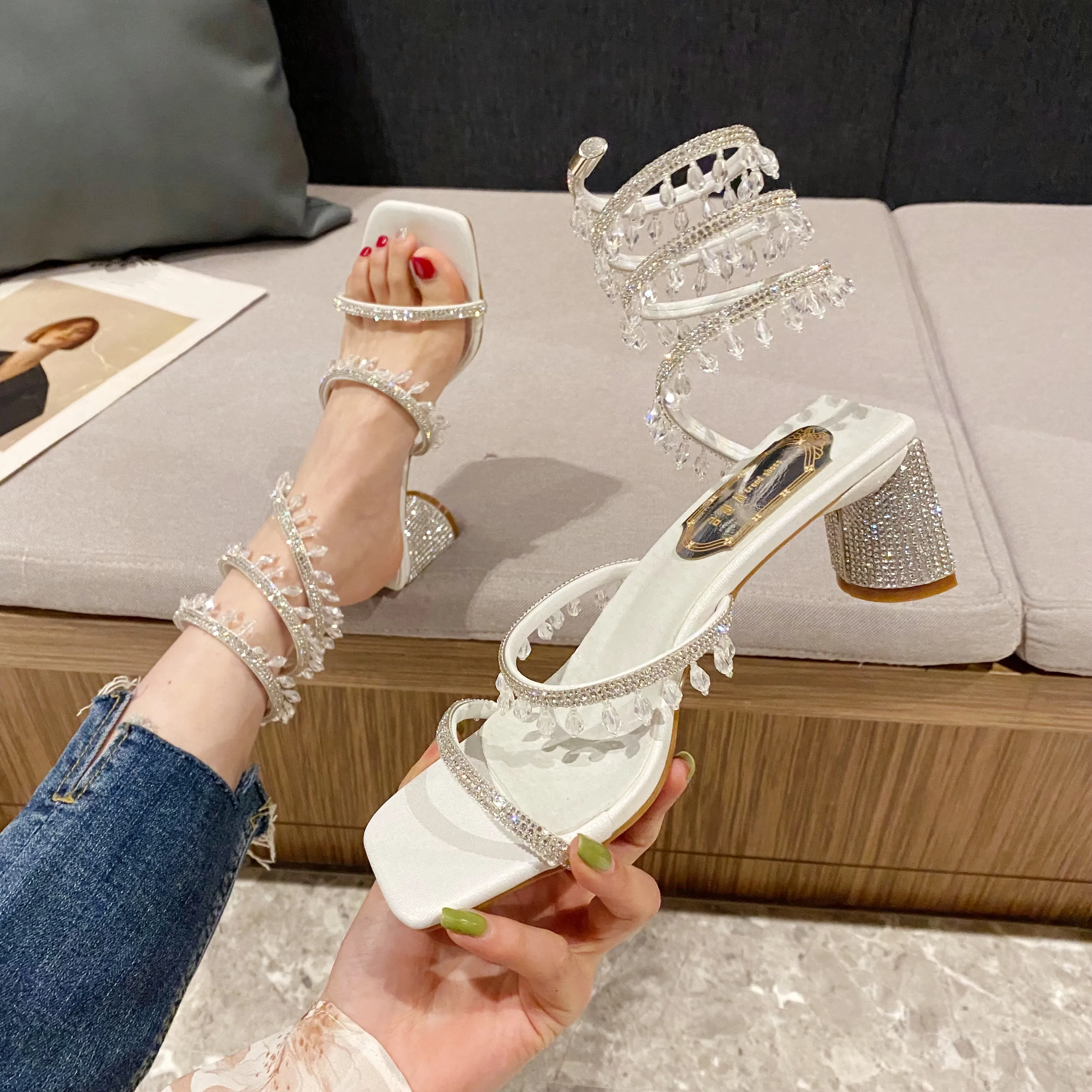 2022 Summer Women's Sandals Fashion Luxury Square Toe Club Rhinestone Snake Wrap High Heel Sandals Birthday Wedding Party Shoes 6