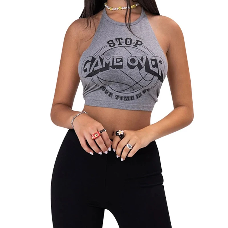 

Fashion Women's Wear Hanging Neck Strap Bare Back Exposed Umbilical Printed Slim Sexy Vest