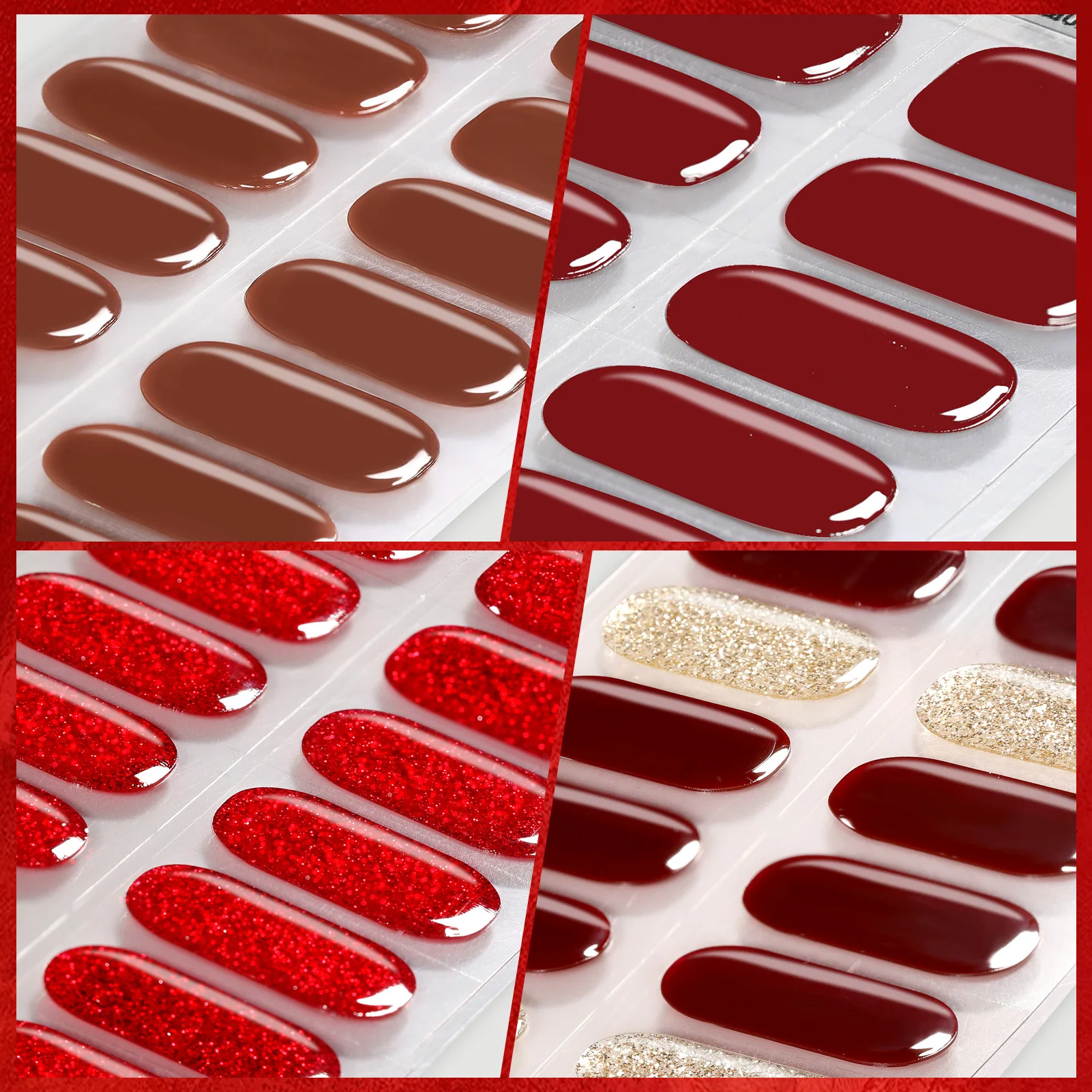 Harunoura Red Series Semi Cured Gel Nail Strips Maroon Gel Polish Nail Stickers Waterproof Long Lasting Stickers for Nails Decor 3