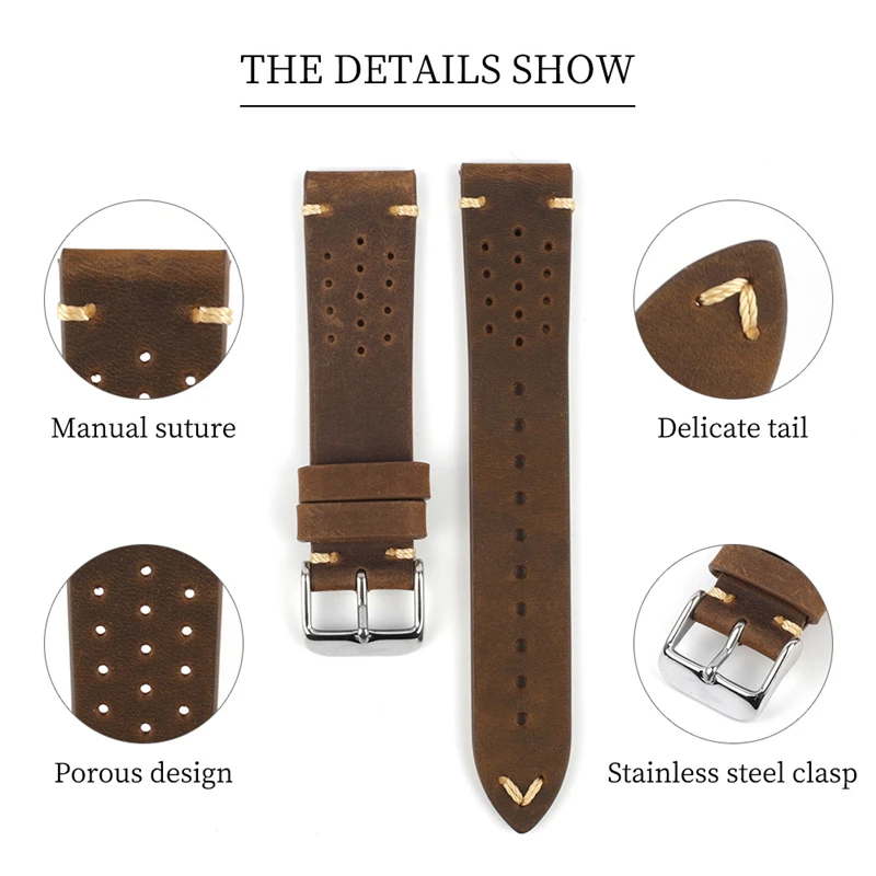 Handmade Genuine Leather Watch Band 18mm 19mm 20mm 22mm Retro Cowhide Sweatproof Strap Replacement Belt for Men Watch Bracelet