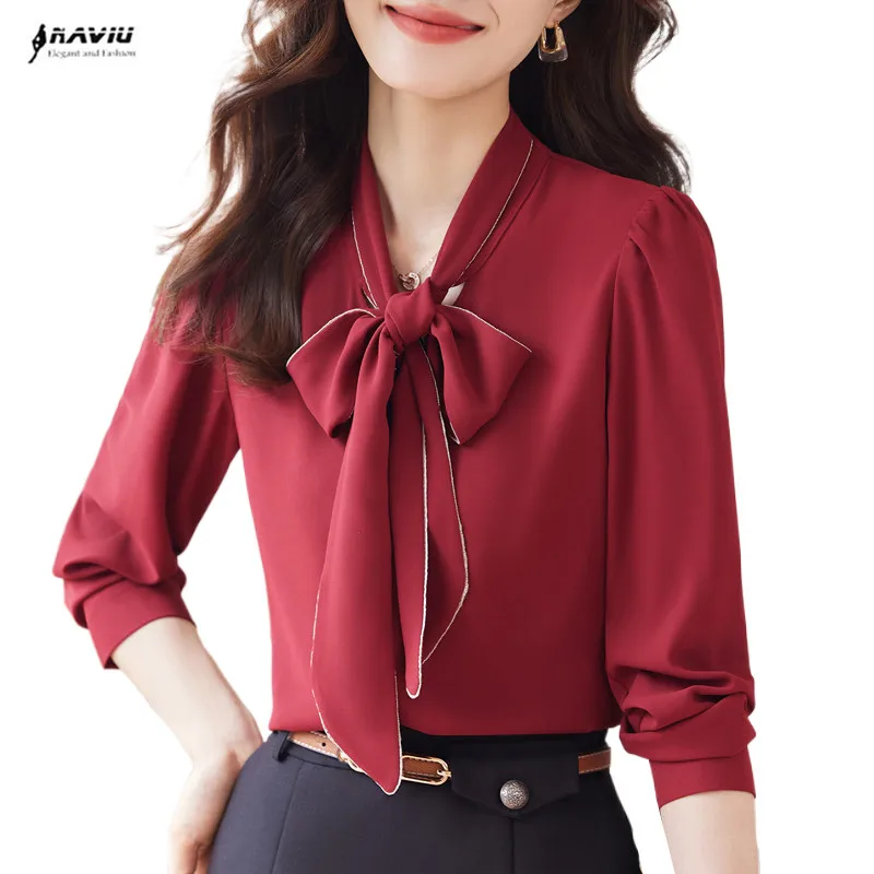 

NAVIU Wine Red Shirt Women New Fashion High End Temperament Formal Bow Tie Satin Blouses Office Lady Work Tops White