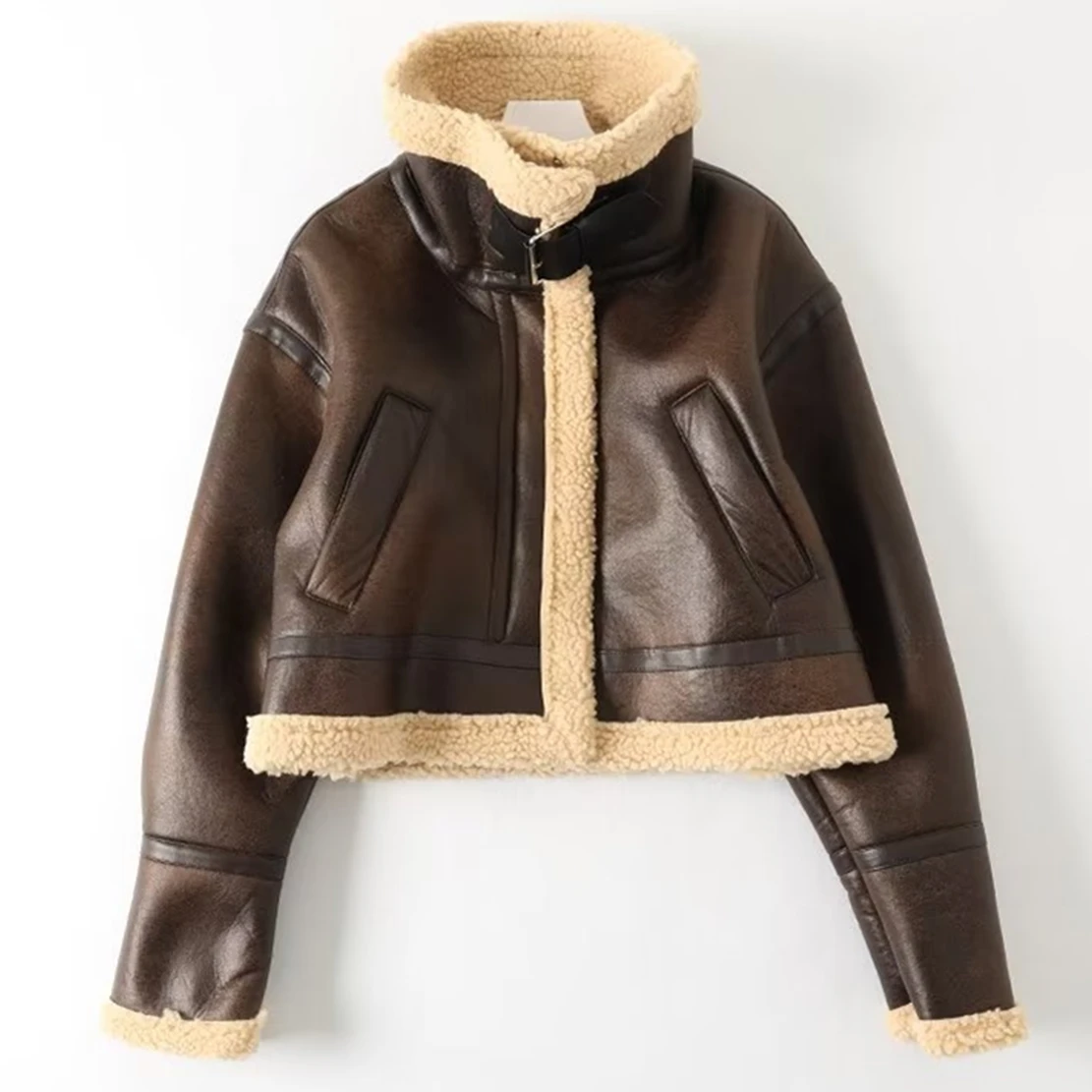 

Jenny&Dave Fashion Turtleneck Vintage Brown Plush Leather Jacket Winter Coat Women