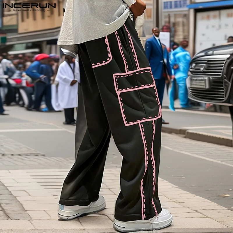 INCERUN 2024 Korean Style Trousers Mens Casual Splicing Line Design Long Pants Leisure All-match Pocket Straight Pantalons S-5XL 4