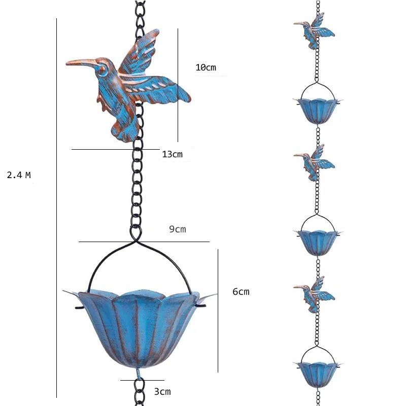 Outdoor Hummingbird Rain Chain With Bell 2.4 Meter Decorative Rain Catcher Chain