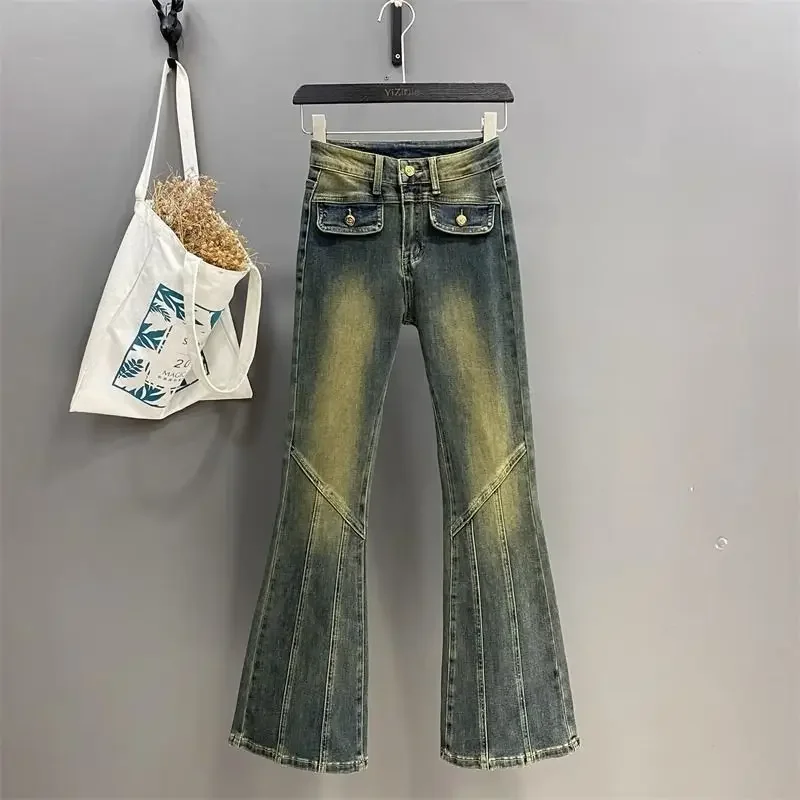 American Vintage High-waisted Solid Color Denim Micro Flare Pants Washed and Old Loose Fashion Design Jeans for Women