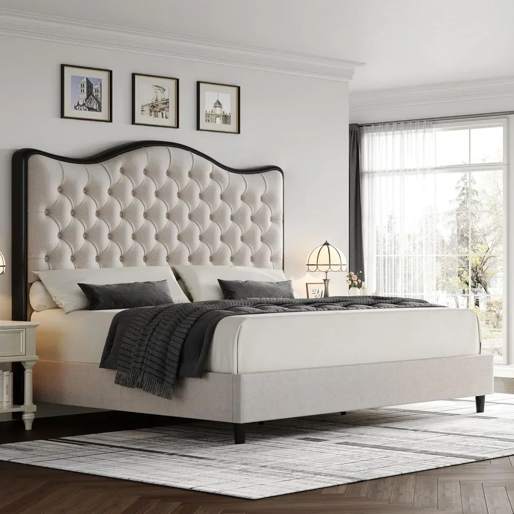 Queen Size Platform Bed Frame with 55" Tall Curved Headboard, Linen Modern Upholstered Bed Frame| Handmade Pleats