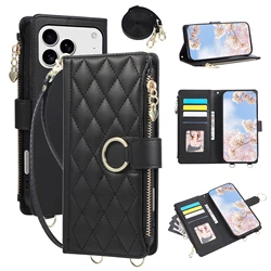 Quilted Zipper Wallet Phone Case with Crossbody Strap and Card Holder - iPhone 12 Mini (Black)