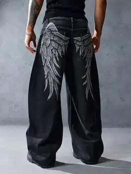Y2K Men Black Trend Dressing Up Korean Style Simple Baggy Angel Printed Jeans 2025 Fashion Necessary Solid Retro Straight Pants 1