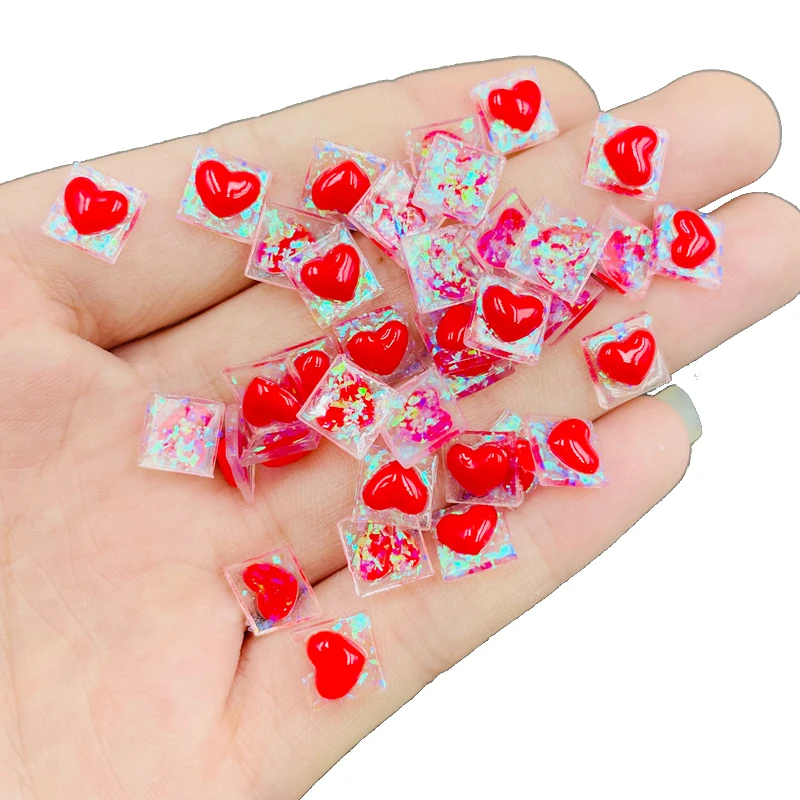 50 Pcs New Cute Mini Cartoon Red Heart Resin Figurine Crafts Flatback Cabochon Ornament Manicure Making Hairwear Accessori