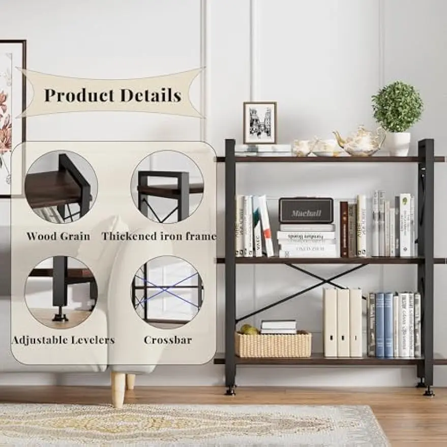 3 Tier Bookshelf Bookcase, 35.5'' Width Wood & Metal Open Book Shelf, Freestanding Industrial Display Shelf, Rustic Storage