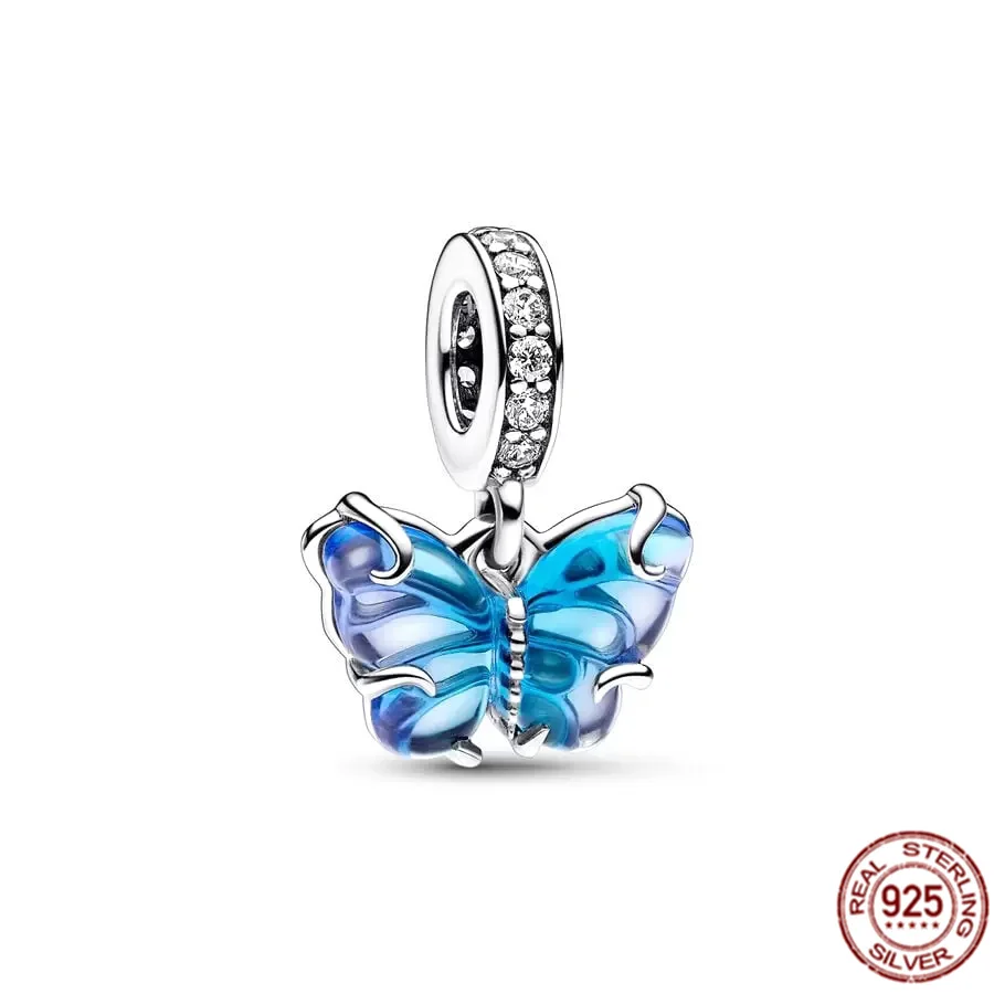 NOVO Fit Original Pandora Pulseira Colar Série Múltipla Azul Rosa Borboleta Dangle Charme Bead DIY 925 Sterling Silver Jewelry