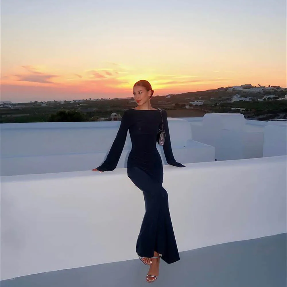 Swimsuit Cover Up Women Wrapped Flare Long Sleeve Round Neck See Through Sunscreen Solid Color Backless Beach Sundress