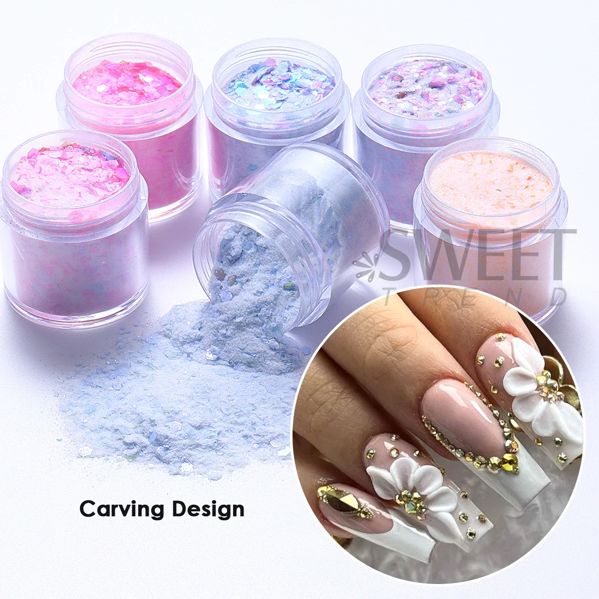 6pcs/set Shimmer Glitter Sequins Acrylic Nail Powder Carving Extension Design 10g DIY French Prolong Tool Manicure Supplies Dust