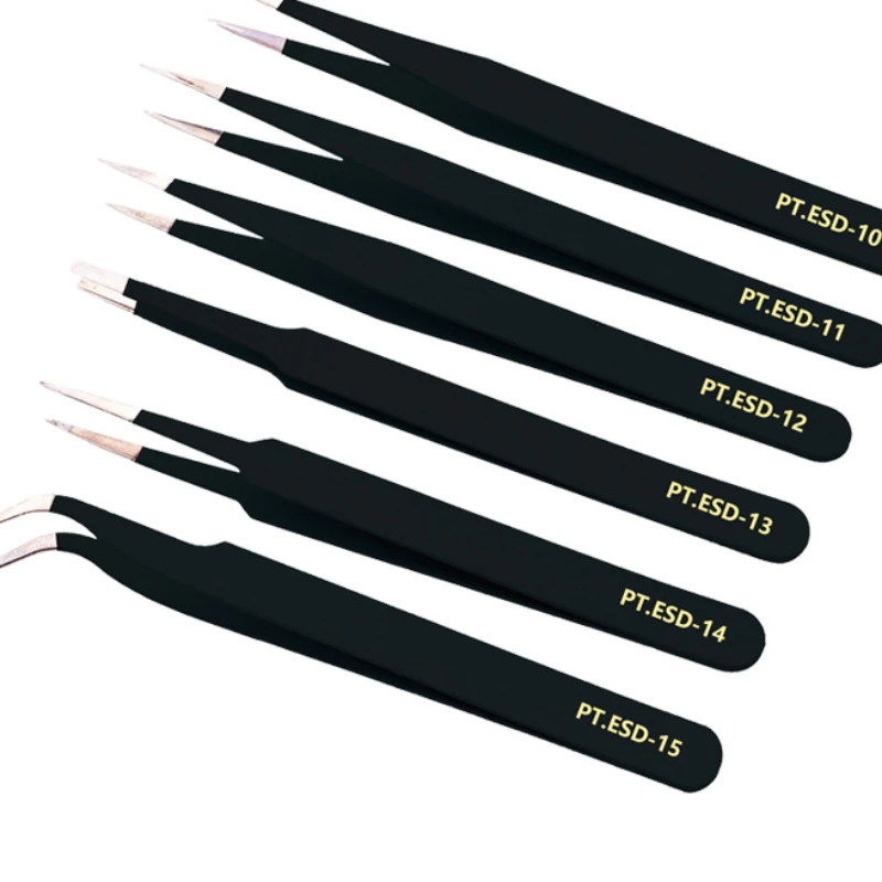 Stainless Steel Tweezers Anti Static Fine Pointed Elbow Precision Tweezers Weld Tool Industrial Electronic ESD10-ESD15