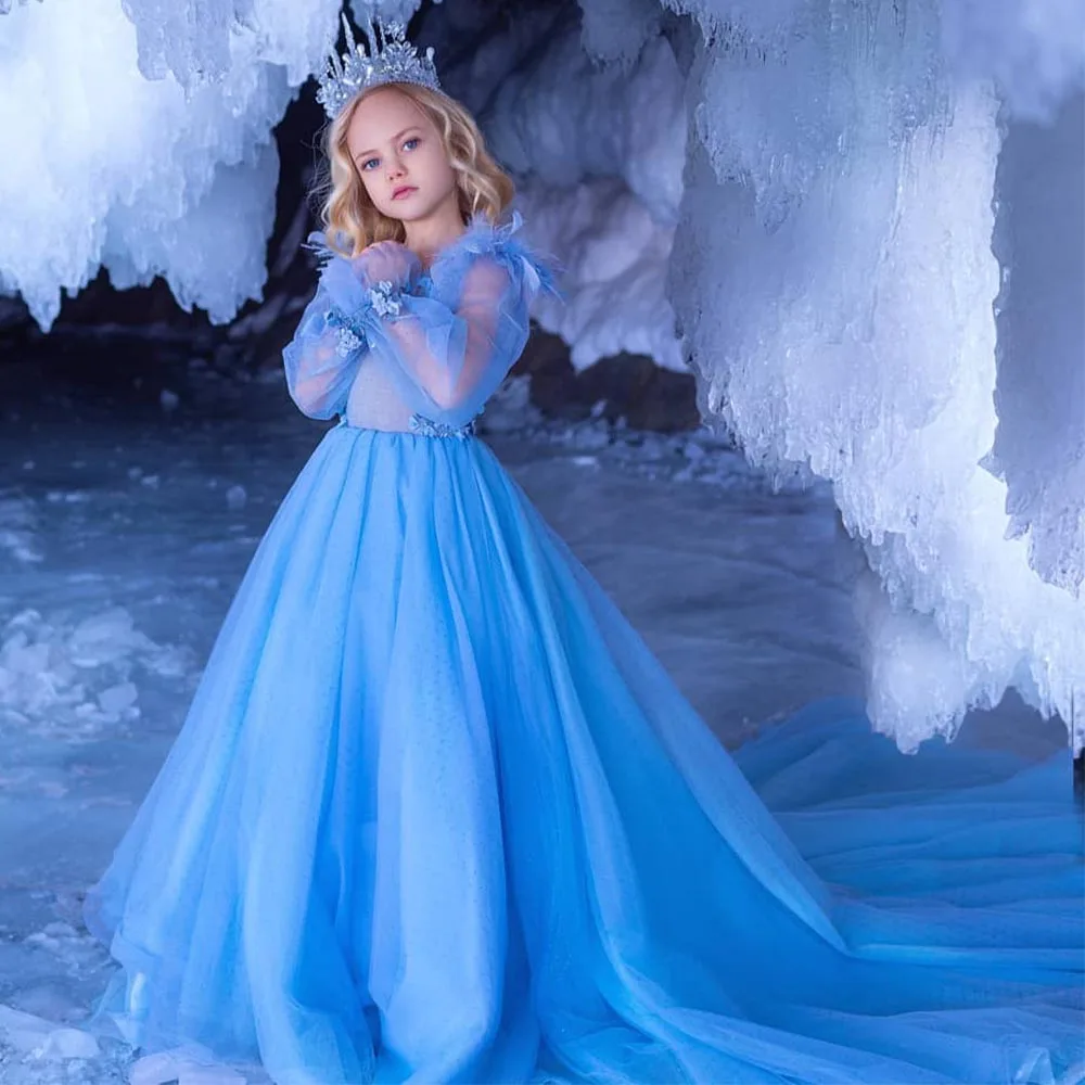 

Sky Blue Girl's Birthday Dresses A Line Long Sleeves Flower Girl Dress for Wedding Feather Applique Glitter Gowns