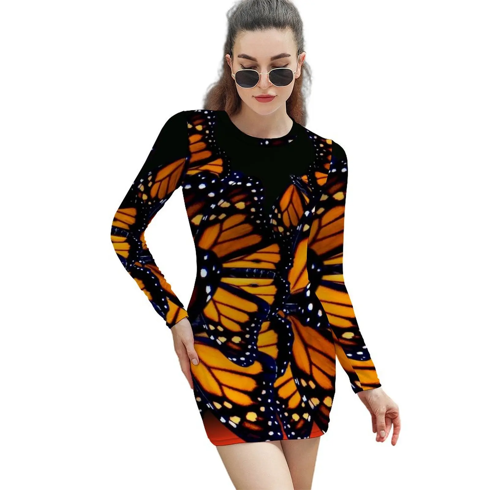 

red monarch butterfly Long-Sleeved Sheath Dress chic and elegant woman dress Dress for girls