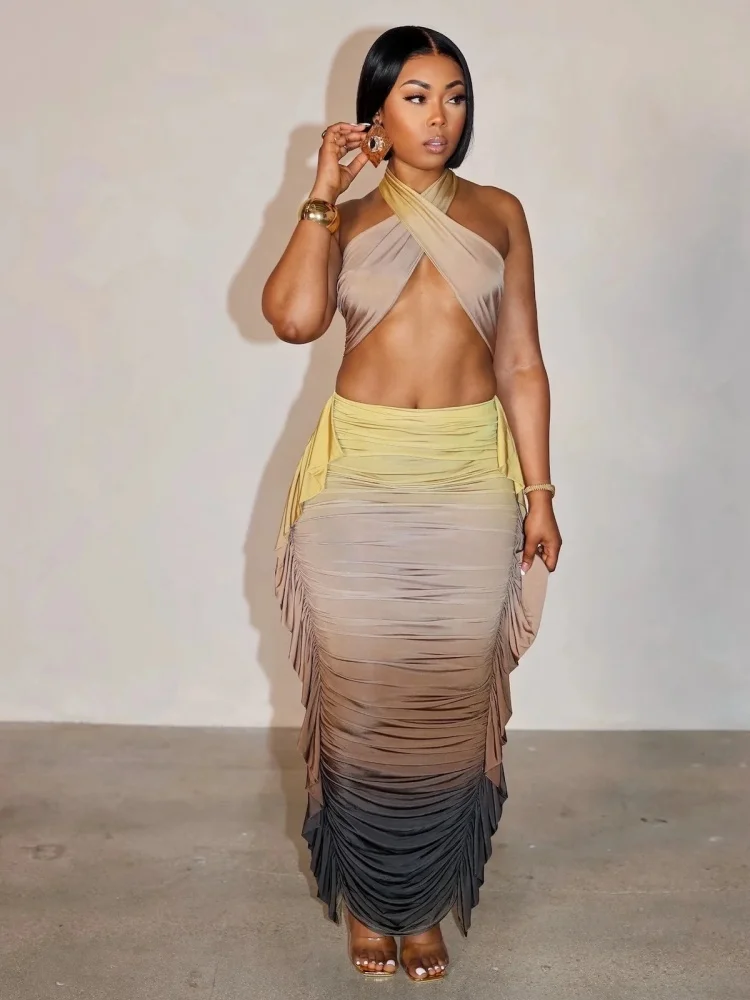 Wmstar Set Women Whoiesale Fashion Gradient Print Crop Top Pleated Two Piece Set Summer Outfit Fancy Club Vacation Designer 2025