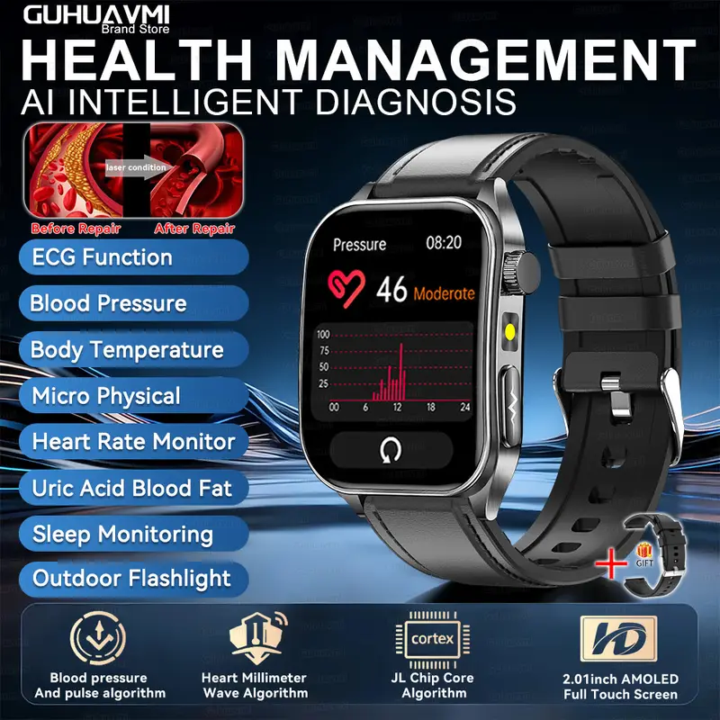 2026 New 650nm Laser Therapy Health Smartwatch Men ECG Blood Pressure Lipid Uric Acid Bluetooth Call Smart Watch For Android IOS - Image 16