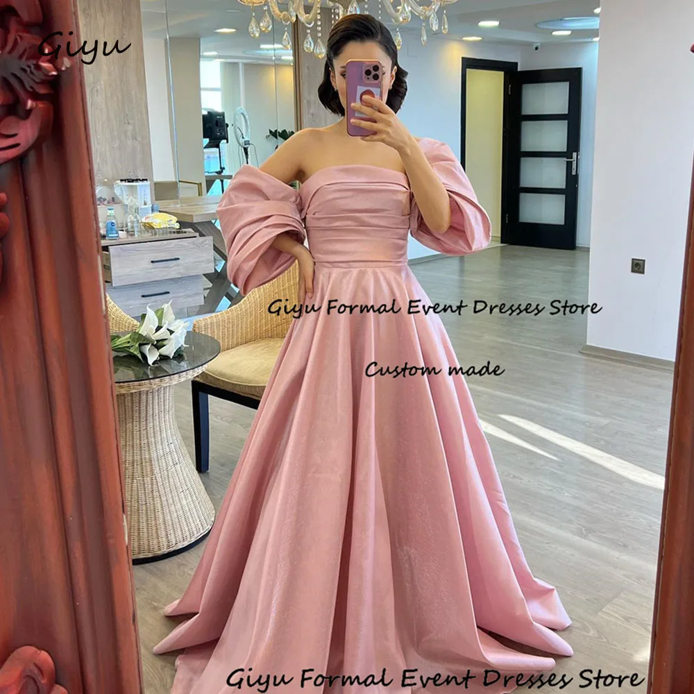 

Giyu Simple Pink Evening Gown Dress Off the Shoulder Pleat Floor-Length Draped Vestidos De Noche Elegantes Wedding Party Dress