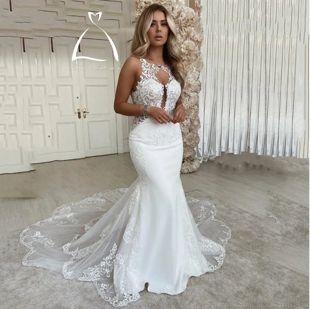 

Haohao Sexy Mermaid Wedding Dresses 2024 Scoop neck Lace Appliques Bridde Dress Open Back Country Bridal Gown Vestido de novie