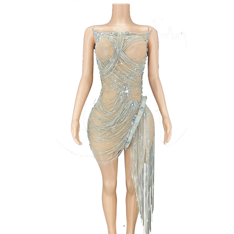 

Silver Rhinestone Fringes Dress Lady Prom Evening Outfit Bar Singer See Through Mesh Shining Birthday Tassels Dresses