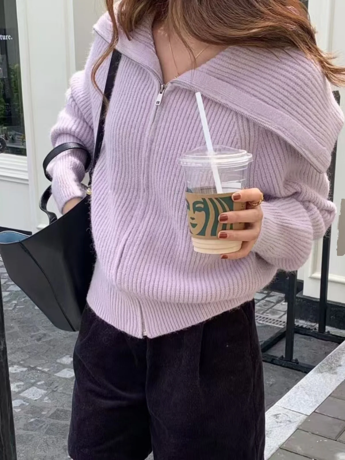 ay Zipper Ne Open Cardigan Sweater Women's Loose Knitted Top Winter Faion Korean Sle Big Collar Lazy Soft Warm Coat