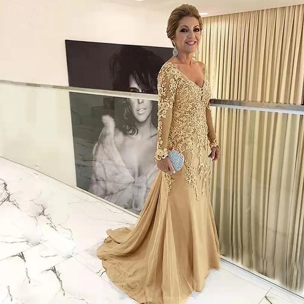 

Flavinke Champagne Lace Mother Of The Bride Dresses Mermaid Evening Dresses Long Sleeves Applique V Neck Party Prom Dresses