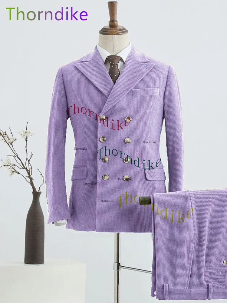 Thorndike Lilac Corduroy Mens Tuxedos Peaked Lapel Casual Party Prom Suit 2 Pieces Set Young Men Wear Blazer Pants For Groommen