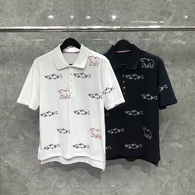 

TB THOM Men Polo Shirt Fashion Brand Fish Bear Design Women T-shirts Short Sleeve Business Causal Cotton Comfortable Tee