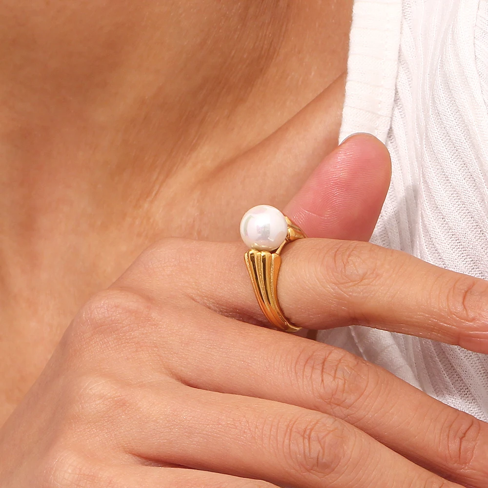 Elegant Minimalist White Pearl Finger Rings 18K Gold Plated