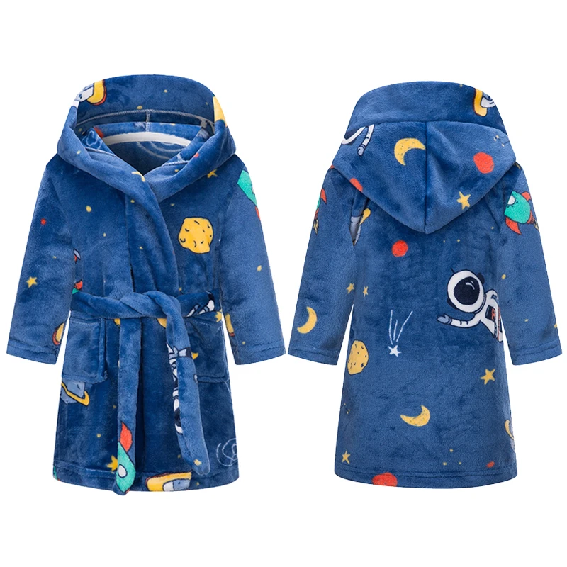 Kids Cartoon Astronaut Robes Winter Baby Girl Bathrobe Sleepwear Flannel Hooded Pajamas Boys Homewear