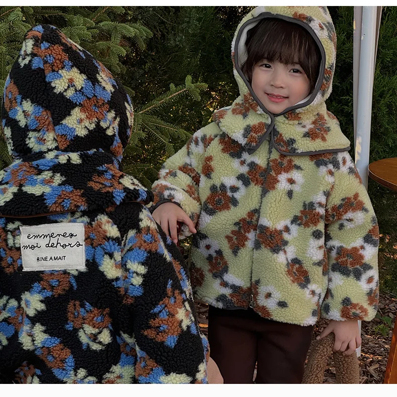 

Autumn Winter Kids Boys Girls Flower Print Fleece Thick Coat Baby Plus Velvet Warm Long Sleeve Tops Fashion Children's Jacket