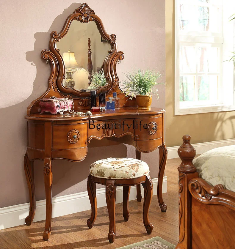 

American-Style Solid Wood Small Apartment Bedroom Dresser European-Style Luxury Carved Vintage Makeup Table
