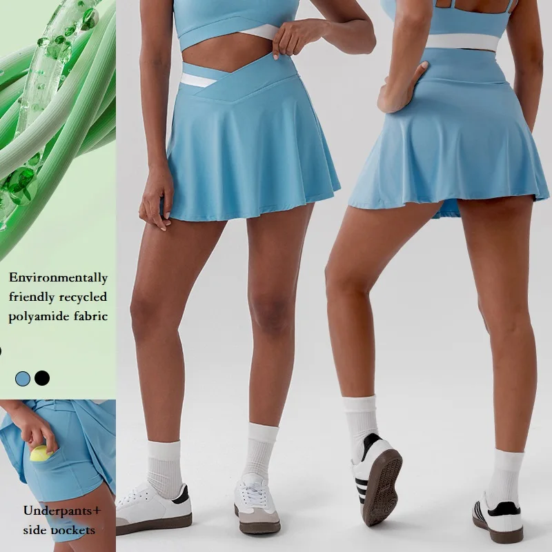 Women High Waisted Crossover Tennis Skirt with Pockets Anti-Exposure Mini Skirt Sports Skorts Gym Yoga Skorts with Inner Shorts