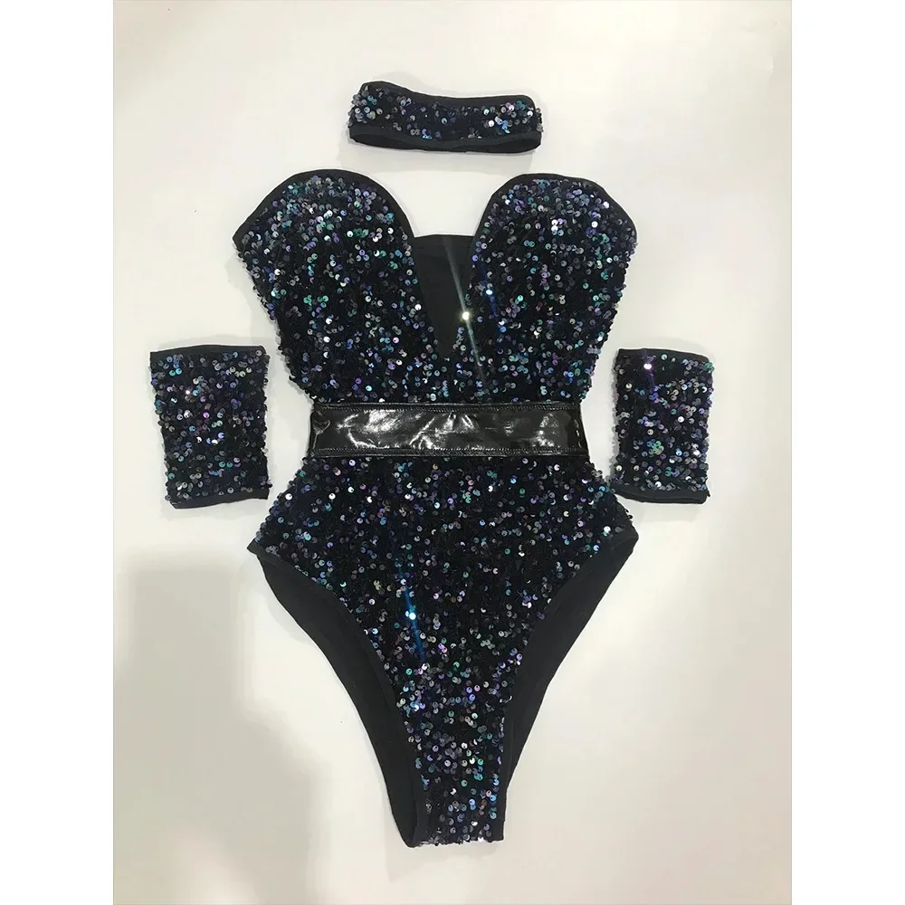 

Sequins Bodysuit Bar Jazz Pole Dancing Costume For Female Rave Outfits Nightclub Dj Singer Dancer Stage Show Dancewear