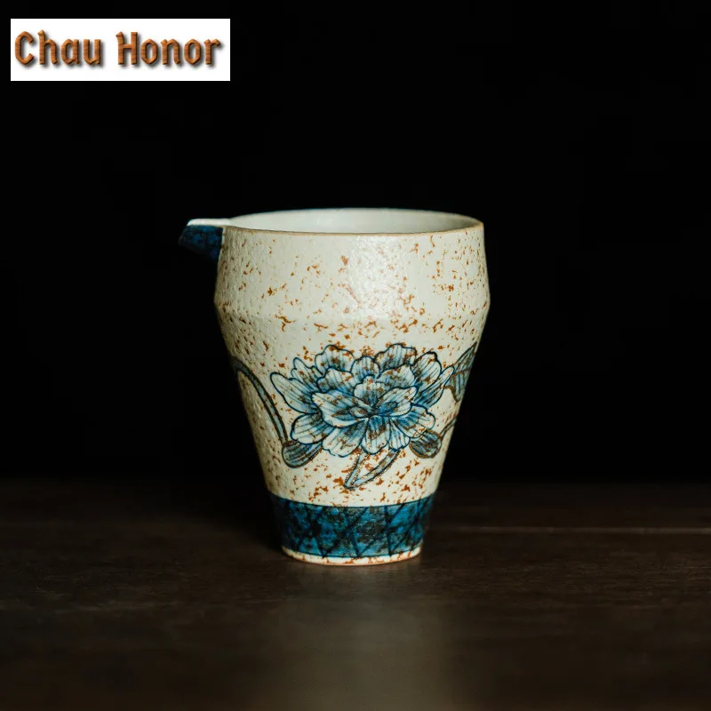 200ml Blue And White Flint Red Tea Pitcher Handmade Gold Drawing Peony Flower Cha Hai Justice Cup Chinese Tea Set Accessories