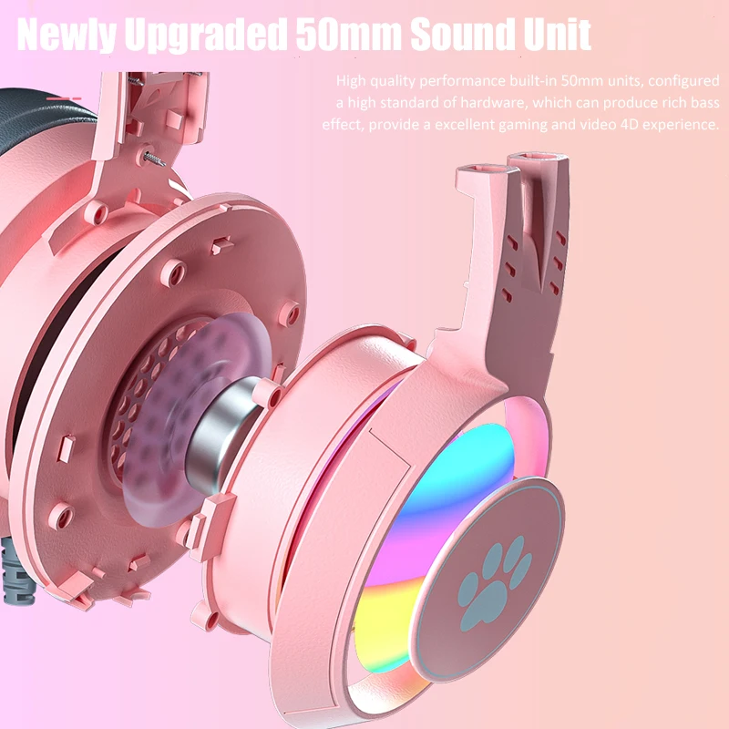 Cute Cat Ear Gaming Headphones with Mic Noise Reduced RGB Pink