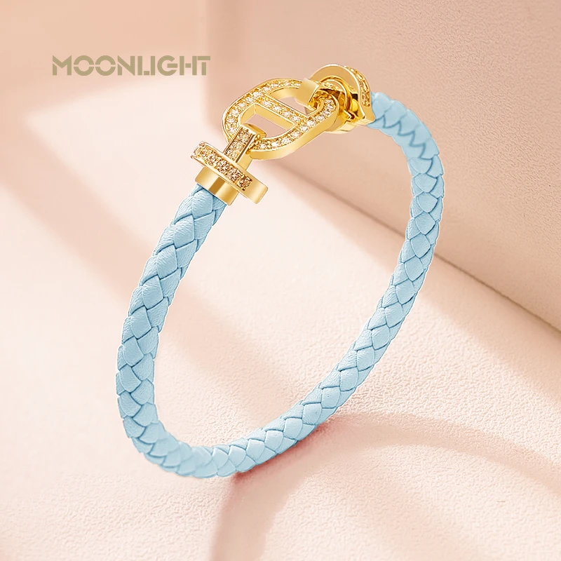 MOONLIGHT Fashion Classic Pig Nose Shape Leather Braided Bracelet for Women Cubic Zirconia Bracelet Hand-woven Jewelry Gifts - Image 3