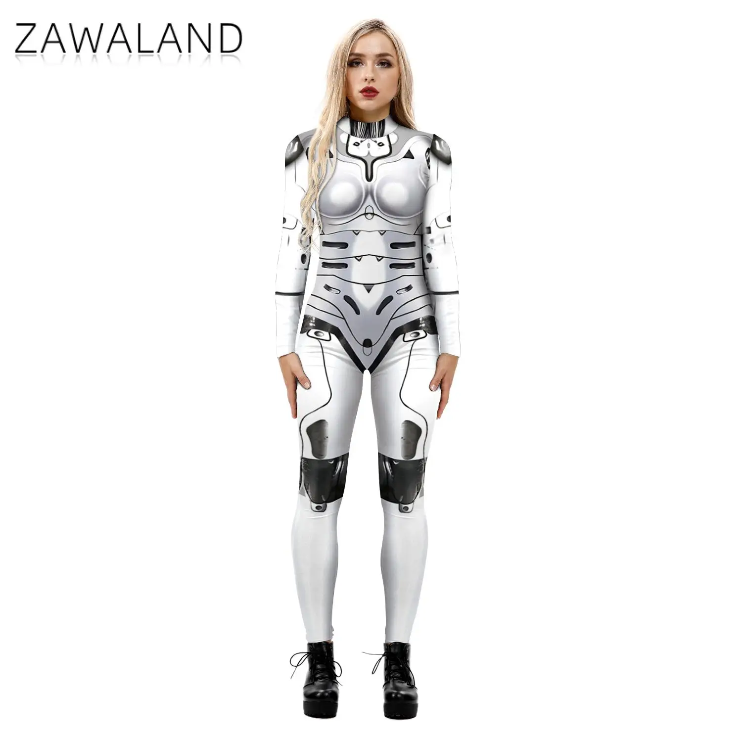 Zawaland punk Women Sexy Slim Robot Punk Catsuit Jumpsuit Women Cosplay Carnival Performance Costume Purim Fancy Dress