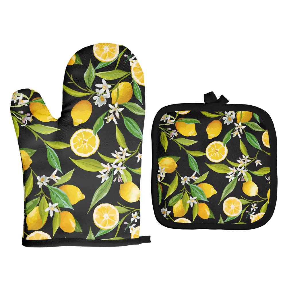 Kitchen Gloves Cotton Pot Holders 2pcs/lot Fruit Print Baking Gloves Oven Mitts Potholders Mat Non-slip Kitchen Cooking Tools Polyester Microwave Gloves and Apron
