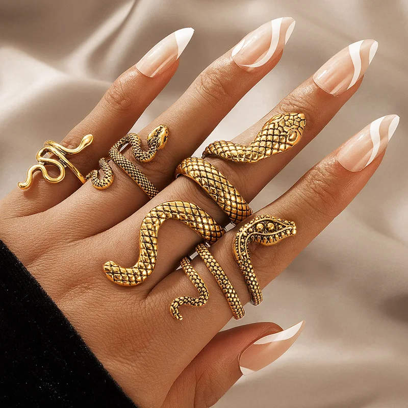 Vintage Long Snake Ring Set For Women Gothic Black Gold Silver Color Adjustable Finger Jewelry Accessories Female Gift,ring set,gold color rings,finger ring,gold color ring,silver ring,adjustable rings,animal ring,jewelry accessories