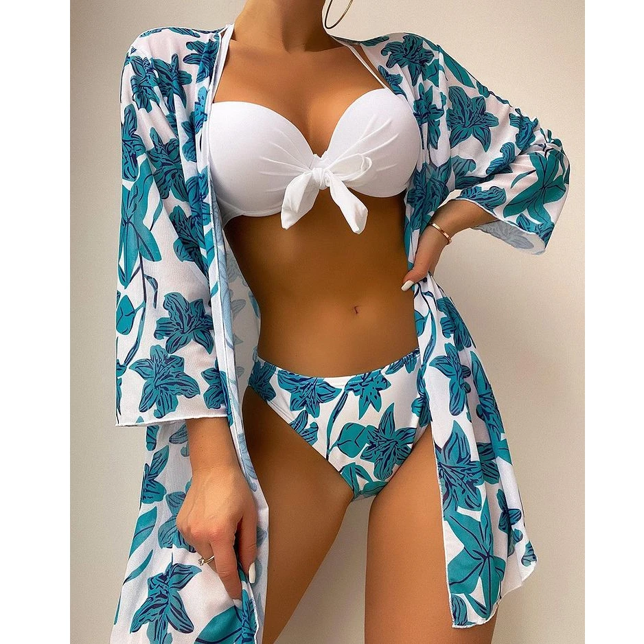 2022 3pack Swimwear Women Cover Up Bikini Set Push Up Swimsuit Biquini Swim Wear Print Bathing