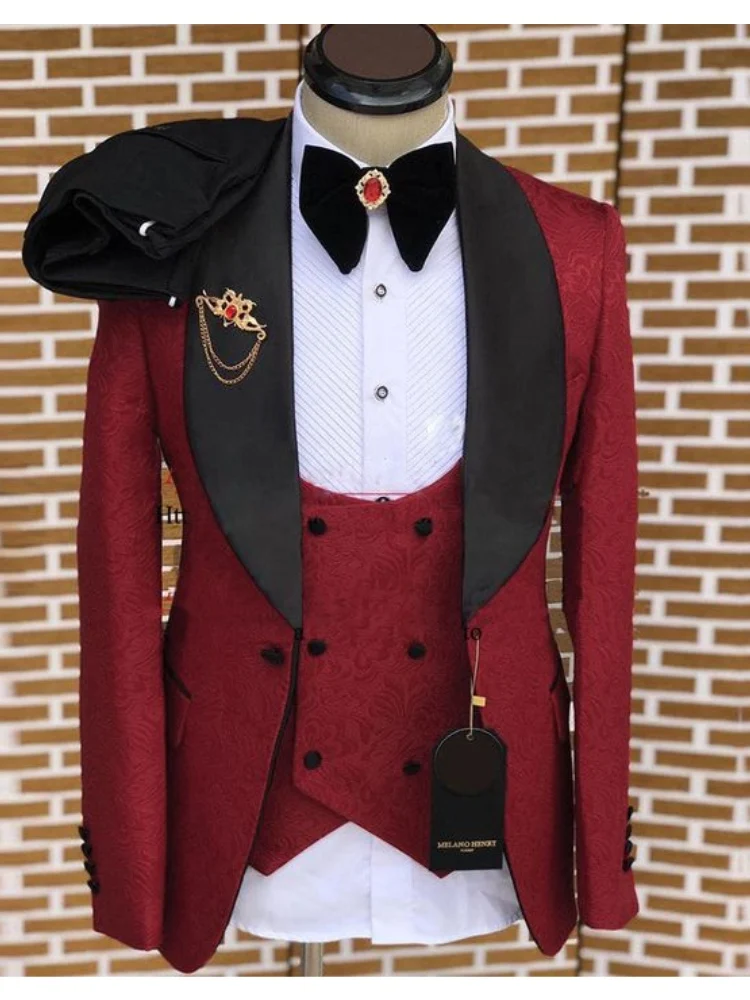 

Burgundy Pattern Paisley Men Suits Prom Tuxedo Suits for Men 3 Pieces Formal Slim Fit Tuxedo Male Groom Blazers