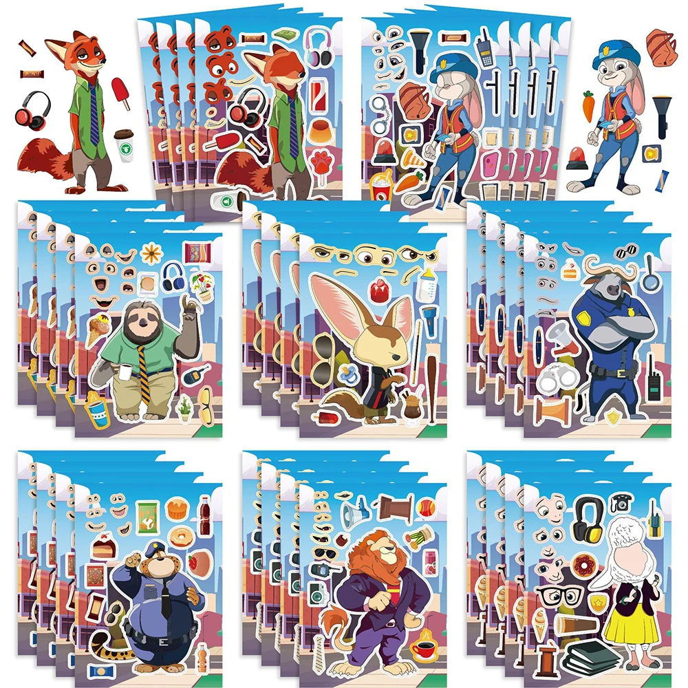 8/16Sheets Make a Face Disney Cartoon Zootropolis Puzzle Stickers Kids Assemble Jigsaw DIY Party Decoration Educational Toy Gift diy decoration make your own princess sticker personalized hand account princess dress up sticker scrapbooking
